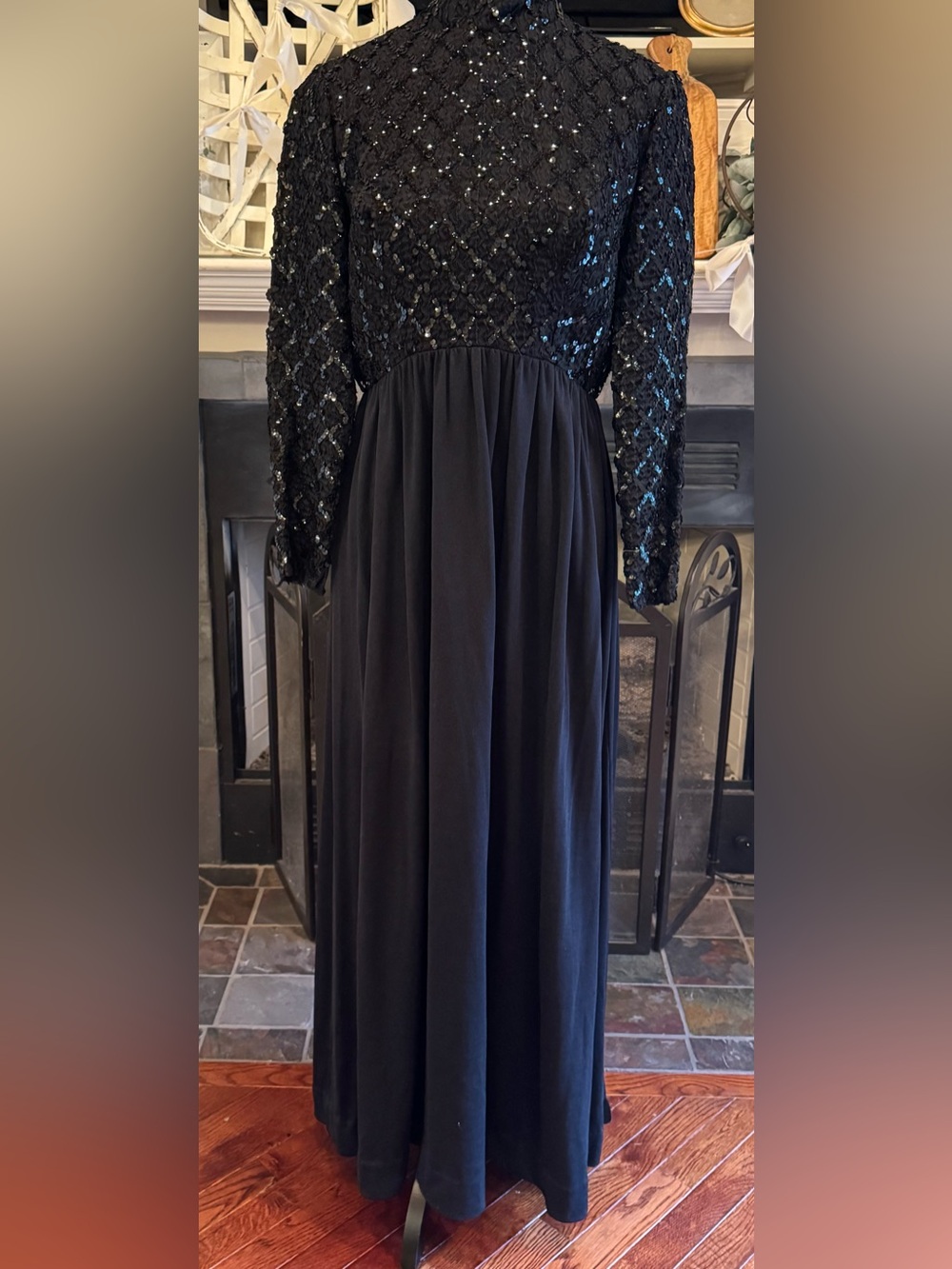 Vintage Black Sequin Beaded Maxi Gown Long Sleeve Mock Neck Formal Evening Dress